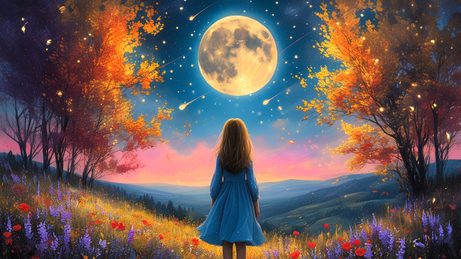 Обои картинки фото рисованное, дети, девочка, платье, луна, звездопад, деревья, холмы, луга, цветы, трава