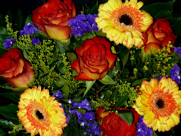 Обои картинки фото цветы, разные вместе, розы, герберы, букет