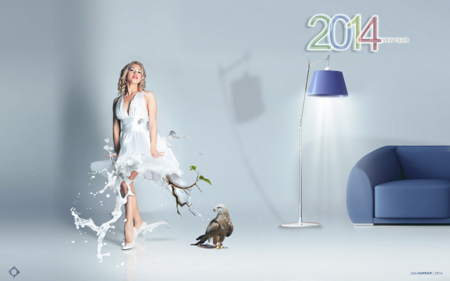 Обои картинки фото разное, компьютерный дизайн, девушка, ветка, орел, диван, светильник