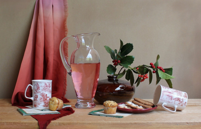 Обои картинки фото еда, натюрморт, кексы, кувшин, печенье, чашки