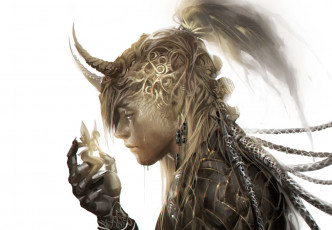 Картинка фэнтези существа арт парень хвост рога фея фон белый фантастика