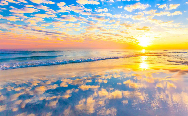 Обои картинки фото природа, восходы, закаты, облака, волны, море, отражение, закат