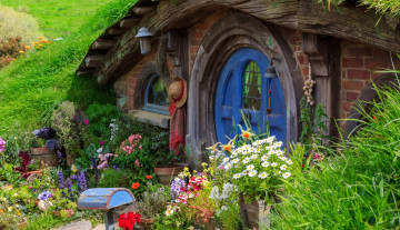 Картинка города -+здания +дома цветы дом хоббитон новая зеландия