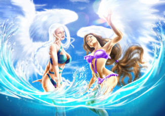 Картинка фэнтези ангелы улыбка фон девушки крылья вода