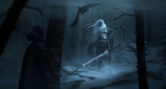 Обои картинки фото фэнтези, нежить, мужчина, фон, лес, меч, взгляд