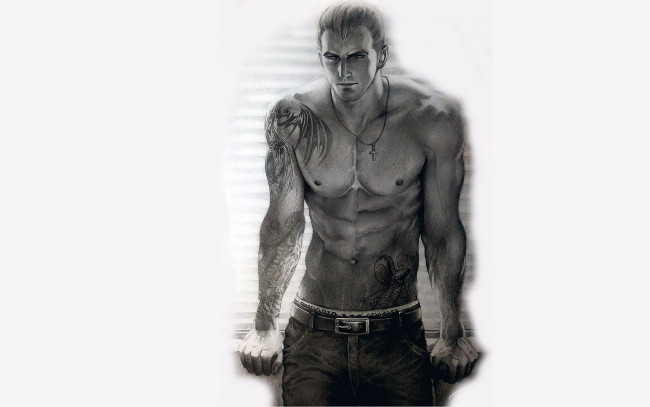 Обои картинки фото рисованное, люди, парень, крестик, тату, штаны, торс