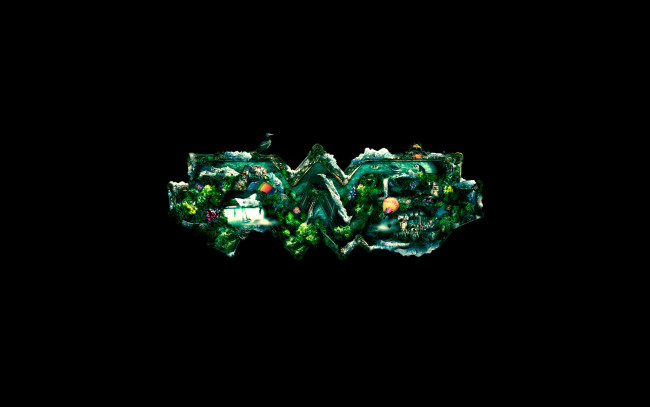 Обои картинки фото рисованное, минимализм, зелень, вода, горы, цивилизация