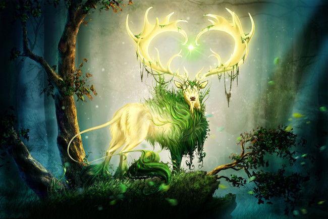 Обои картинки фото фэнтези, существа, фон, олень, рога, взгляд