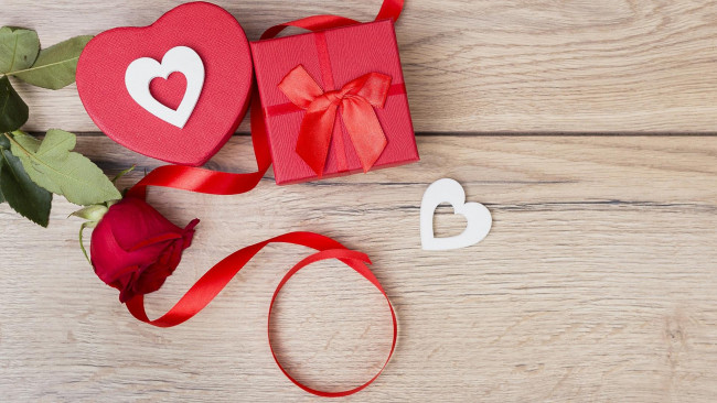Обои картинки фото праздничные, день святого валентина,  сердечки,  любовь, роза, подарок, бант, лента