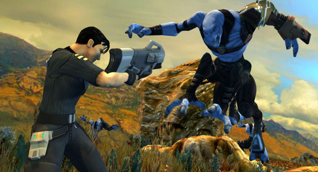 Обои картинки фото видео игры, advent rising, парень, оружие, инопланетяне