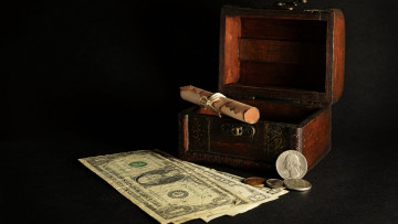 Картинка разное золото +купюры +монеты шатулка свиток деньги доллары центы