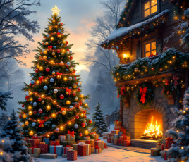 обоя праздничные, ёлки, ёлка, подарки, дом, украшения, снег, очкг