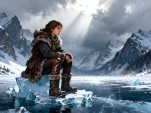 обоя фэнтези, девушки, девушка, шуба, штаны, сапоги, озеро, горы, лед, снег, зима