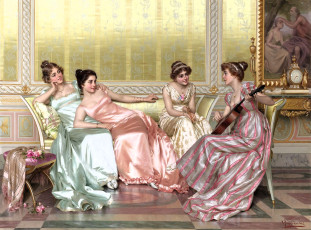 обоя рисованное, vittorio reggianini, дамы, диван, гитара, салон, картина