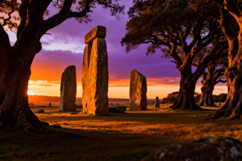 Картинка разное компьютерный+дизайн деревья камни мегалиты закат