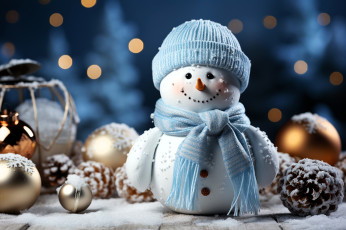 обоя праздничные, снеговики, снеговик, шапка, шарф, снег, шишки, украшения
