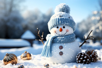обоя праздничные, снеговики, снеговик, снег, шишки, шарики, шапка, шарф