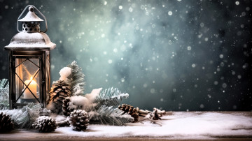 обоя праздничные, новогодние свечи, фонарь, свеча, снег, ёлка, шишки, ветки