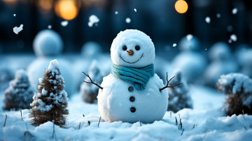 обоя праздничные, сервировка, снеговик, шарф, снег, ёлки