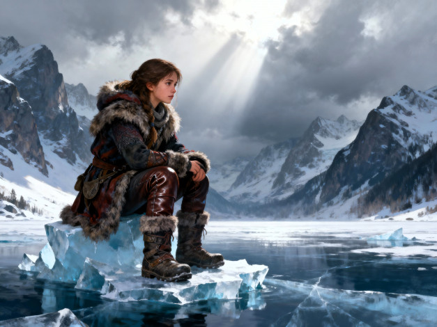 Обои картинки фото фэнтези, девушки, девушка, шуба, штаны, сапоги, озеро, горы, лед, снег, зима