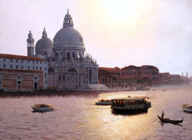 Обои картинки фото рисованное, adrian rigby, венеция, город, здания, храм, каналы, лодки