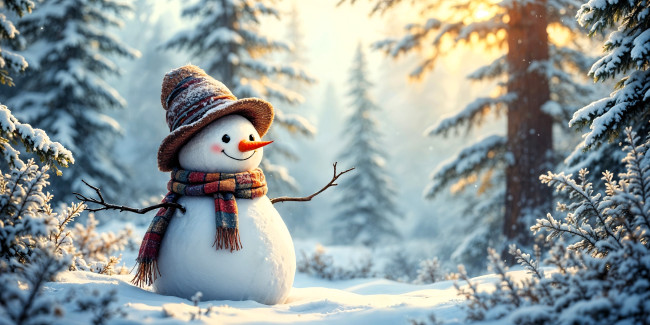 Обои картинки фото праздничные, снеговики, снеговик, шапка, шарф, снег, лес