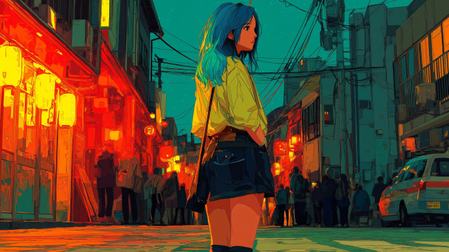 Обои картинки фото рисованное, люди, девушка, толкпа, машина, город, дома, улица