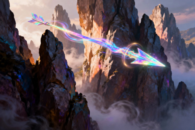 Обои картинки фото фэнтези, магия, стрела, полет, скалы
