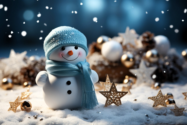 Обои картинки фото праздничные, снеговики, снеговик, шапка, шарф, снег, звезды, украшения
