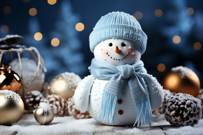 Обои картинки фото праздничные, снеговики, снеговик, шапка, шарф, снег, шишки, украшения