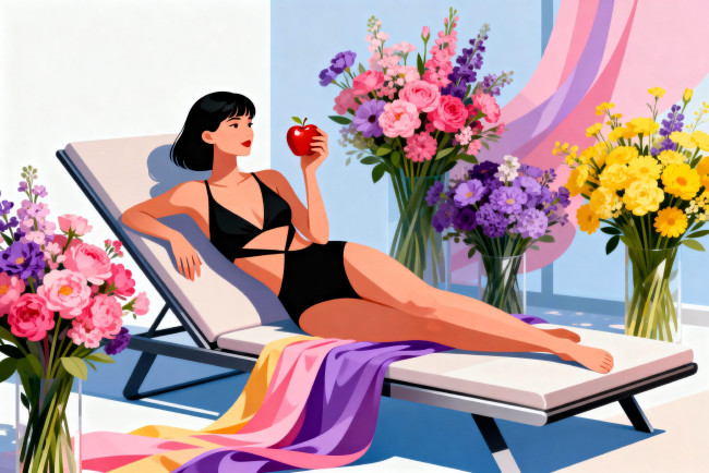 Обои картинки фото векторная графика, девушки , girls, девушка, брюнетка, купальник, яблоко, шезлонг, ткани, цветы, букеты