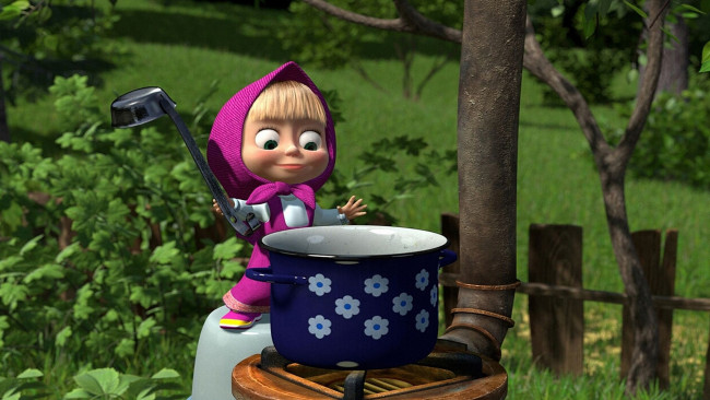 Обои картинки фото мультфильмы, маша, медведь, каша, кастрюля, природа, поварешка, сад