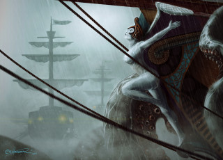 Картинка фэнтези существа море корабли парусники сирена мачты