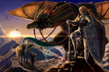 Картинка фэнтези красавицы+и+чудовища девушка воин доспехи булава щит дракон горы