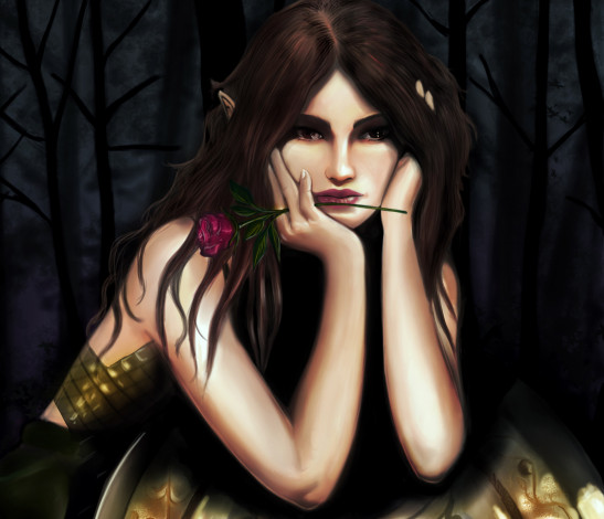 Обои картинки фото фэнтези, эльфы, эльф, лес, задумчивость, цветок, роза