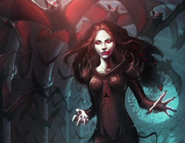 Обои картинки фото фэнтези, вампиры, вампир, девушка, летучие, мыши, готика, полнолуние