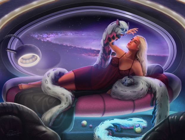 Обои картинки фото фэнтези, девушки, девушка, диван, иллюминатор, лампа, существа