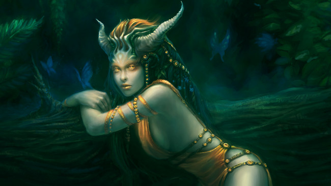 Обои картинки фото фэнтези, существа, лес, мотыльки, бабочки, демон, рога