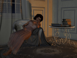 Картинка 3д+графика люди+ people кресло книги фон стол девушка взгляд