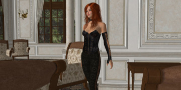 Картинка 3д+графика люди+ people стол диван рыжая фон взгляд девушка стулья