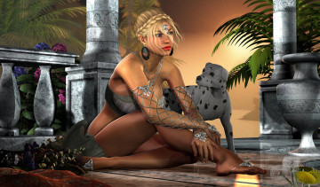 Картинка 3д+графика люди+ people взгляд девушка цветы фон собака