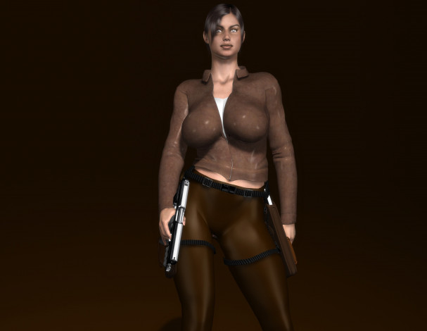 Обои картинки фото 3д графика, люди , people, девушка, оружие, взгляд, фон