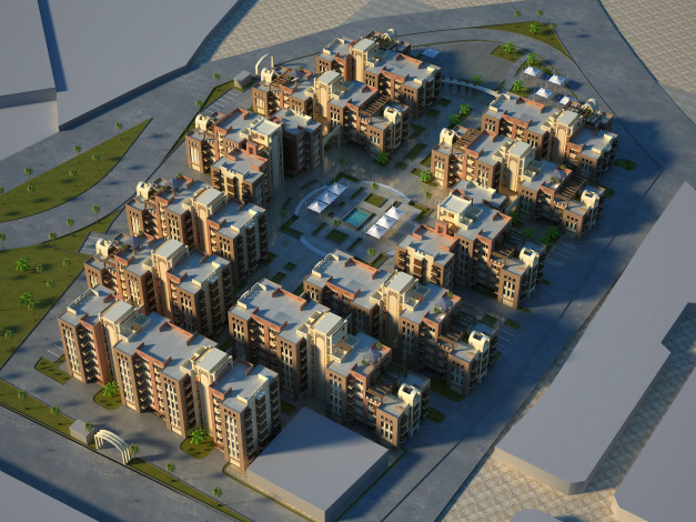 Обои картинки фото 3д графика, архитектура , architecture, бассейн, деревья, дома