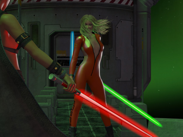 Обои картинки фото 3д графика, фантазия , fantasy, фон, взгляд, девушки, оружие