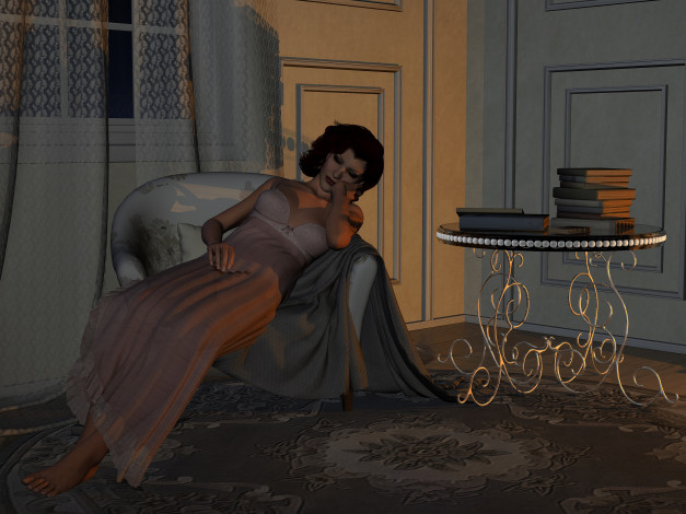 Обои картинки фото 3д графика, люди , people, кресло, книги, фон, стол, девушка, взгляд