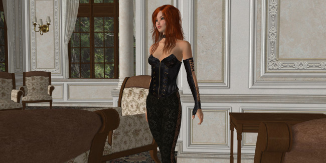 Обои картинки фото 3д графика, люди , people, стол, диван, рыжая, фон, взгляд, девушка, стулья