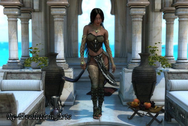 Обои картинки фото 3д графика, фантазия , fantasy, оружие, фон, взгляд, девушка