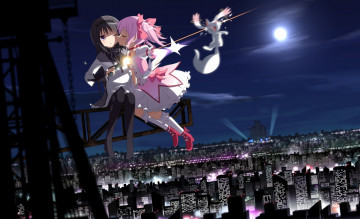 Картинка аниме mahou+shoujo+madoka+magika tarao akemi homura город поцелуй выстрел пистолет облака небо дома mahou shoujo madoka magica лена арт нчоь девушки kaname haribote девочка-волшебница мадока