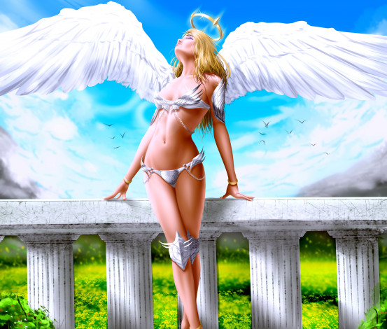 Обои картинки фото векторная графика, другое , other, ангел, фон, взгляд, девушка