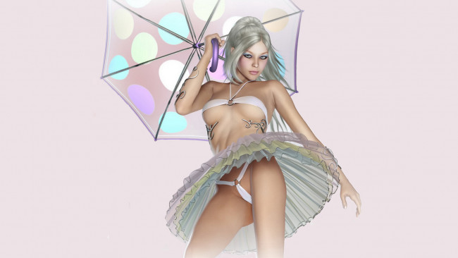 Обои картинки фото 3д графика, люди , people, девушка, фон, взгляд, зонт